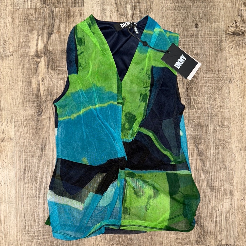 DKNY Sleeveless Abstract Top - Blue and Green